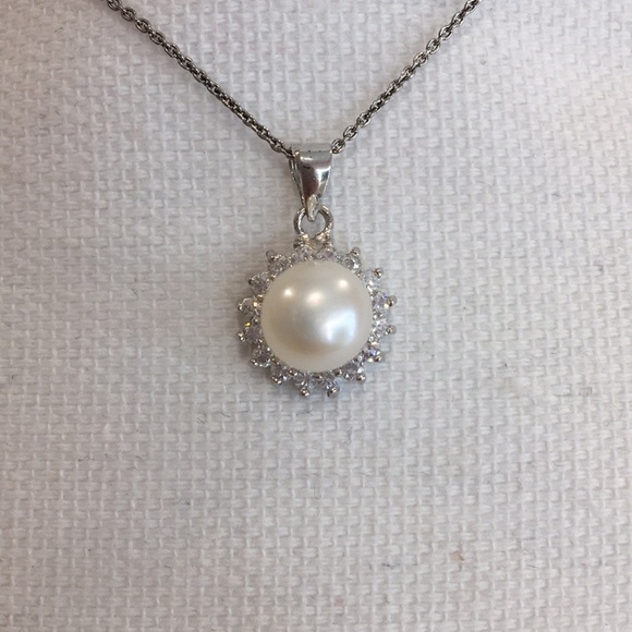 Pearl Necklace with CZ stones 16" Chain - Picture 2 of 2